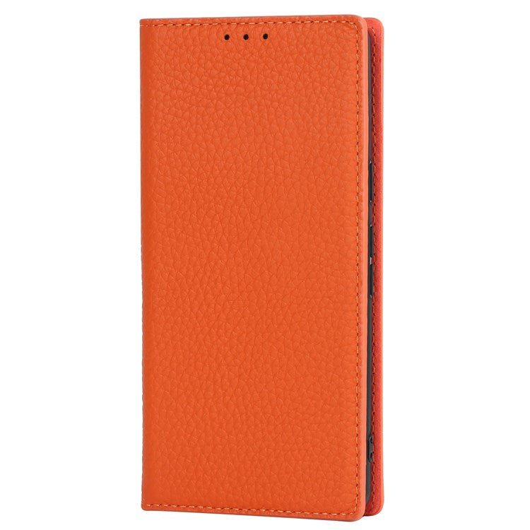 For Google Pixel 7 5G Full Protection Litchi Texture Genuine Leather Phone Case Stand Drop-proof Flip Wallet Cover with Wrist Strap - Orange