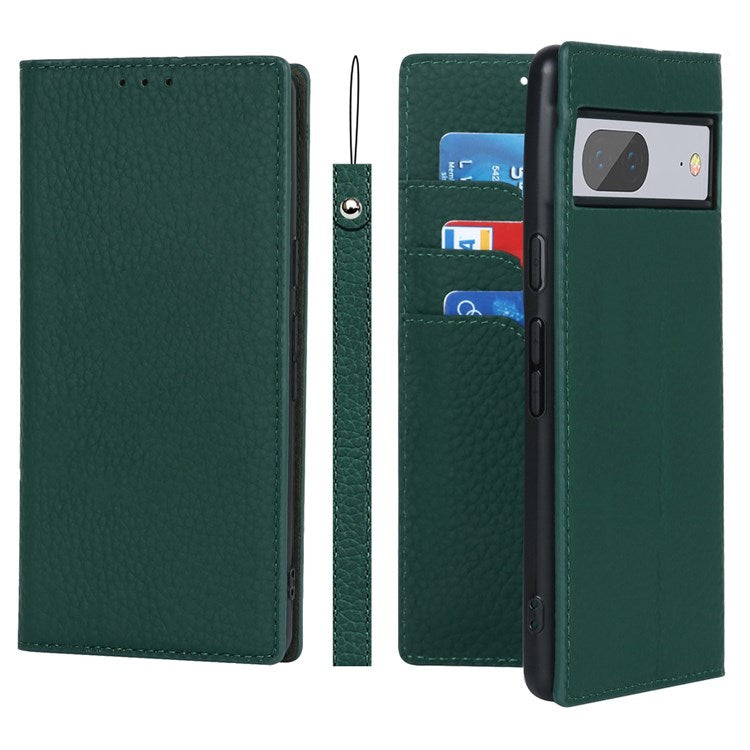 For Google Pixel 7 5G Full Protection Litchi Texture Genuine Leather Phone Case Stand Drop-proof Flip Wallet Cover with Wrist Strap - Green