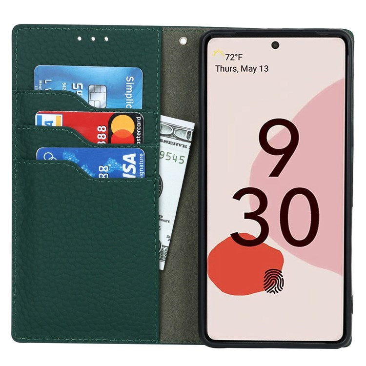 For Google Pixel 7 5G Full Protection Litchi Texture Genuine Leather Phone Case Stand Drop-proof Flip Wallet Cover with Wrist Strap - Green