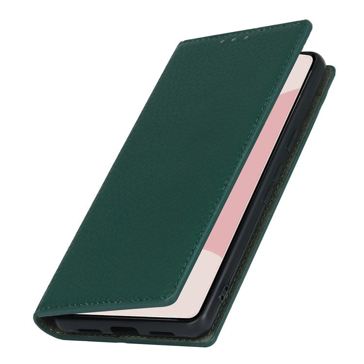 For Google Pixel 7 5G Full Protection Litchi Texture Genuine Leather Phone Case Stand Drop-proof Flip Wallet Cover with Wrist Strap - Green