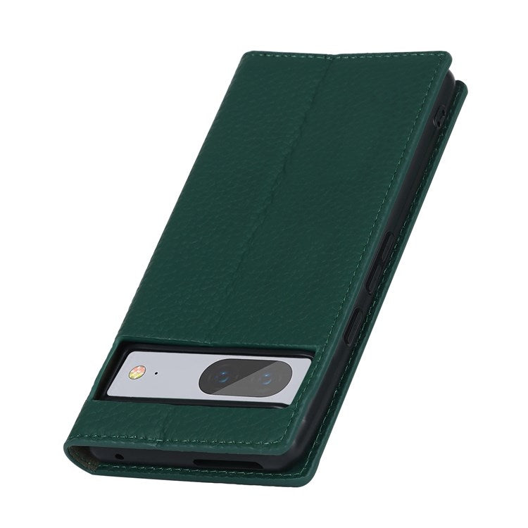 For Google Pixel 7 5G Full Protection Litchi Texture Genuine Leather Phone Case Stand Drop-proof Flip Wallet Cover with Wrist Strap - Green