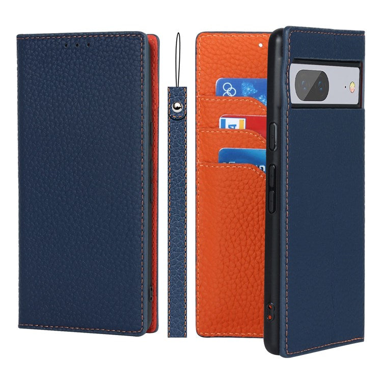 For Google Pixel 7 5G Full Protection Litchi Texture Genuine Leather Phone Case Stand Drop-proof Flip Wallet Cover with Wrist Strap - Dark Blue