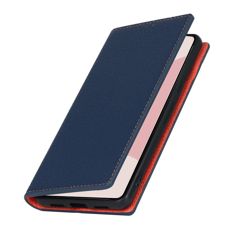 For Google Pixel 7 5G Full Protection Litchi Texture Genuine Leather Phone Case Stand Drop-proof Flip Wallet Cover with Wrist Strap - Dark Blue