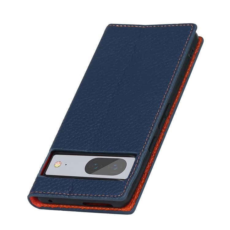 For Google Pixel 7 5G Full Protection Litchi Texture Genuine Leather Phone Case Stand Drop-proof Flip Wallet Cover with Wrist Strap - Dark Blue