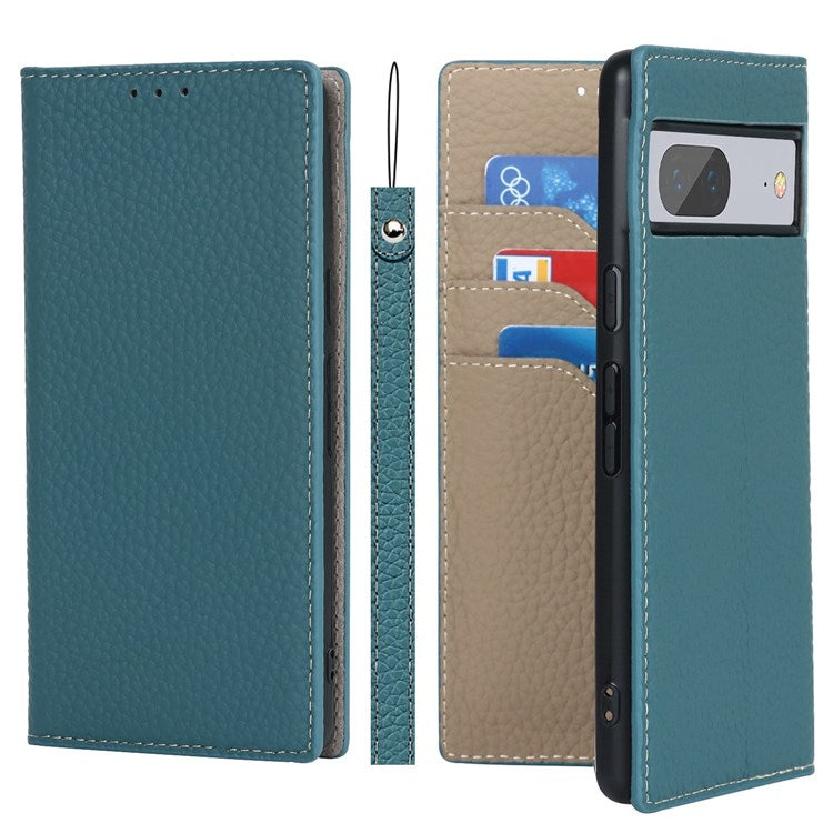 For Google Pixel 7 5G Full Protection Litchi Texture Genuine Leather Phone Case Stand Drop-proof Flip Wallet Cover with Wrist Strap - Baby Blue