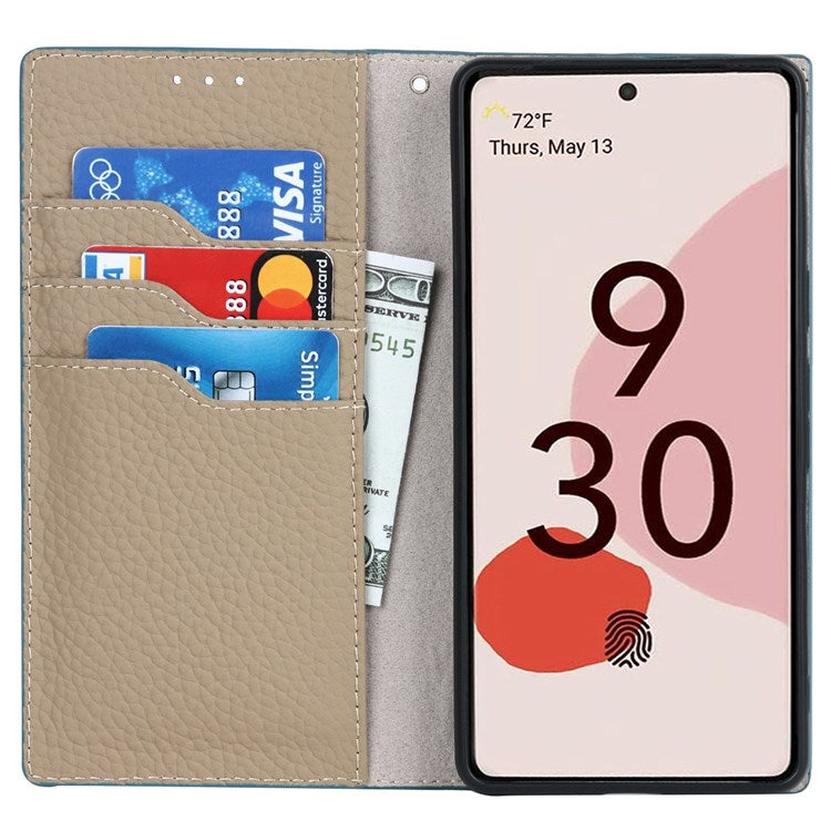 For Google Pixel 7 5G Full Protection Litchi Texture Genuine Leather Phone Case Stand Drop-proof Flip Wallet Cover with Wrist Strap - Baby Blue