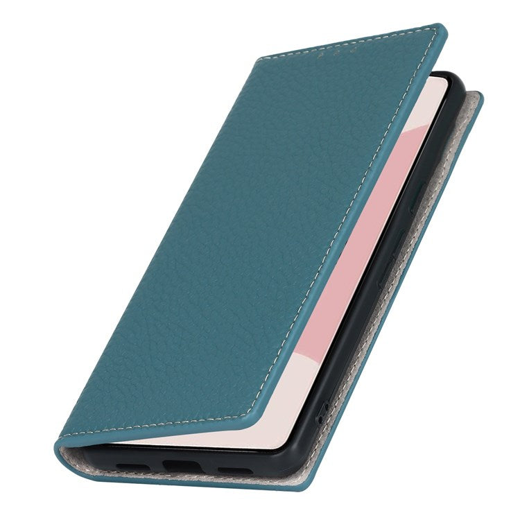 For Google Pixel 7 5G Full Protection Litchi Texture Genuine Leather Phone Case Stand Drop-proof Flip Wallet Cover with Wrist Strap - Baby Blue