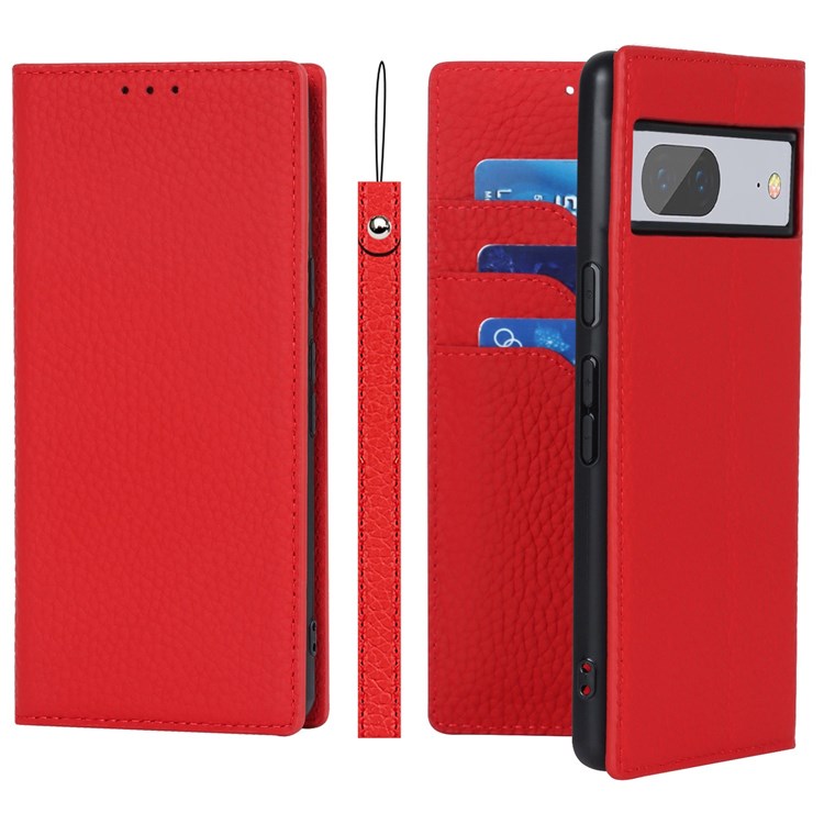 For Google Pixel 7 5G Full Protection Litchi Texture Genuine Leather Phone Case Stand Drop-proof Flip Wallet Cover with Wrist Strap - Red