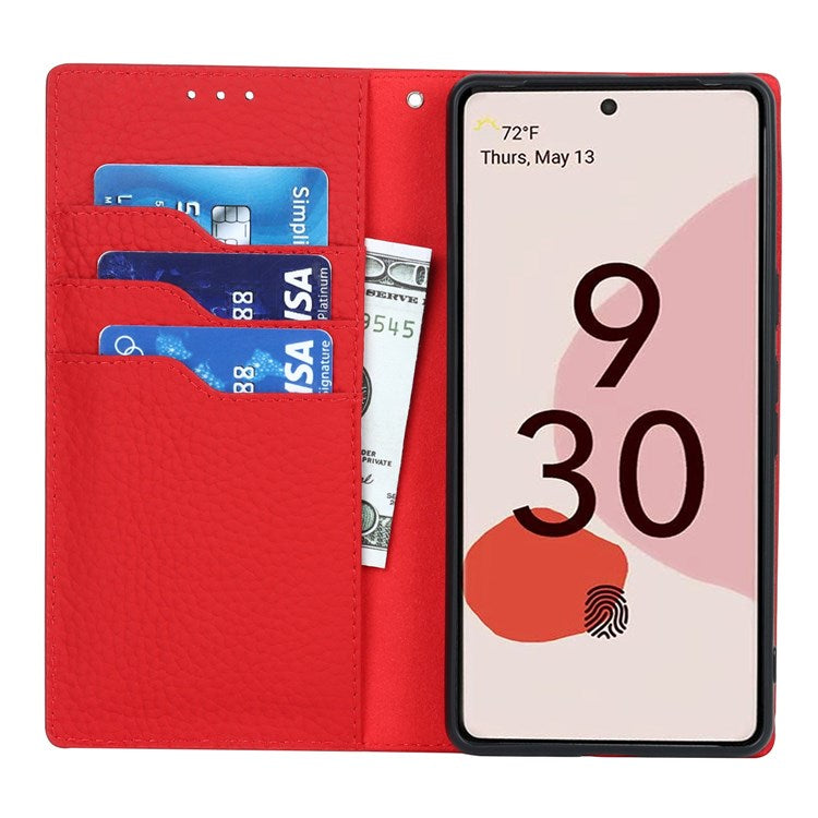 For Google Pixel 7 5G Full Protection Litchi Texture Genuine Leather Phone Case Stand Drop-proof Flip Wallet Cover with Wrist Strap - Red