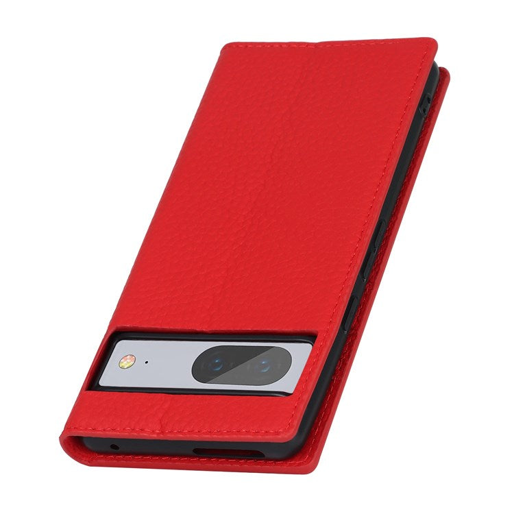 For Google Pixel 7 5G Full Protection Litchi Texture Genuine Leather Phone Case Stand Drop-proof Flip Wallet Cover with Wrist Strap - Red