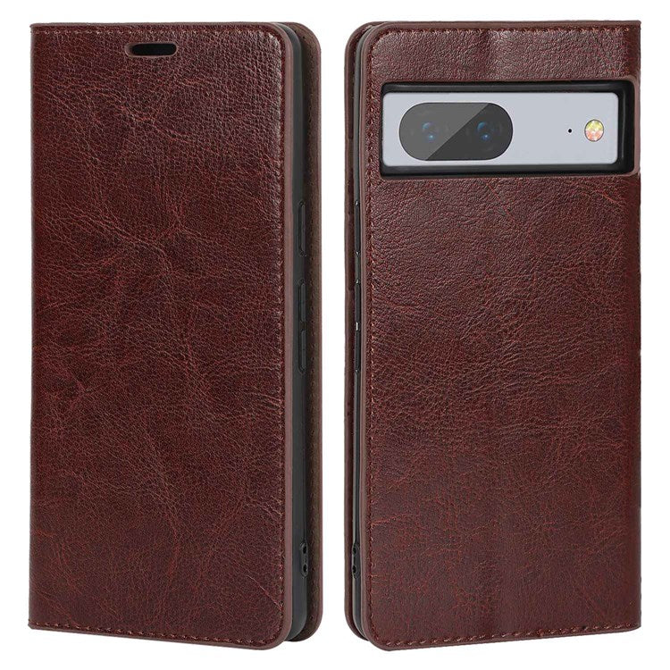 For Google Pixel 7 5G Cell Phone Case Crazy Horse Texture Wallet Stand Genuine Leather Flip Phone Cover - Dark Brown