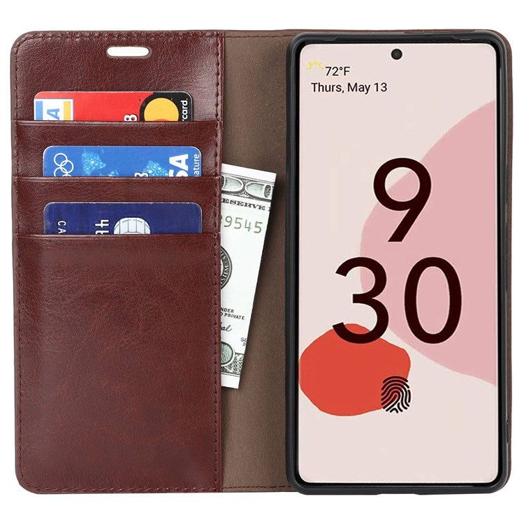 For Google Pixel 7 5G Cell Phone Case Crazy Horse Texture Wallet Stand Genuine Leather Flip Phone Cover - Dark Brown