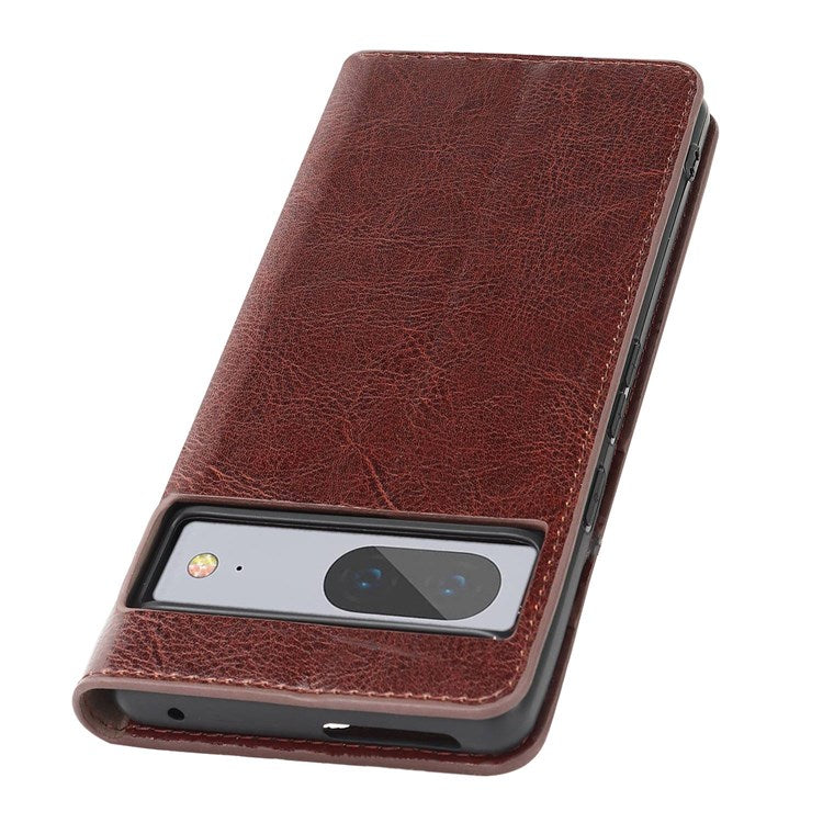 For Google Pixel 7 5G Cell Phone Case Crazy Horse Texture Wallet Stand Genuine Leather Flip Phone Cover - Dark Brown