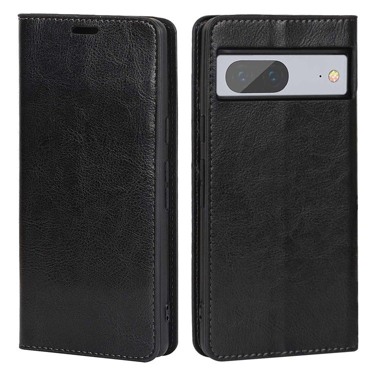 For Google Pixel 7 5G Cell Phone Case Crazy Horse Texture Wallet Stand Genuine Leather Flip Phone Cover - Black