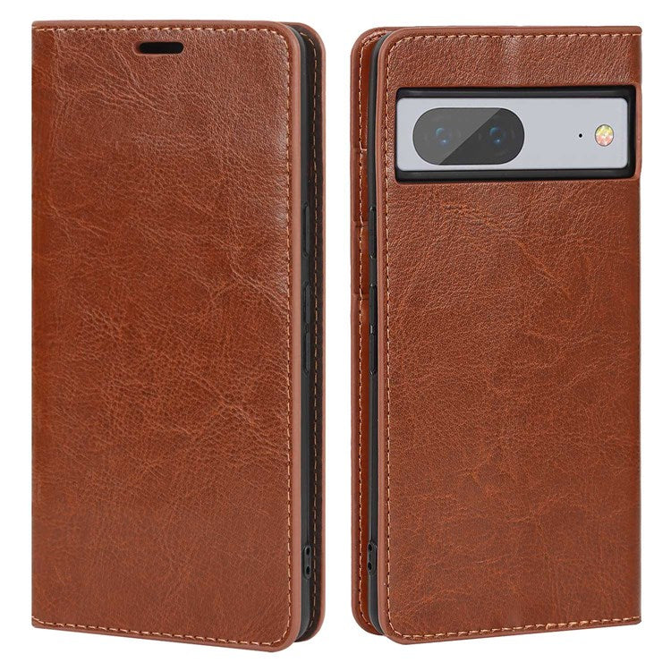 For Google Pixel 7 5G Cell Phone Case Crazy Horse Texture Wallet Stand Genuine Leather Flip Phone Cover - Light Brown