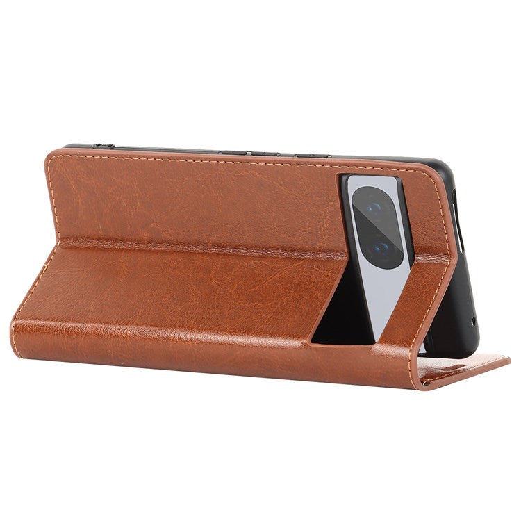 For Google Pixel 7 5G Cell Phone Case Crazy Horse Texture Wallet Stand Genuine Leather Flip Phone Cover - Light Brown