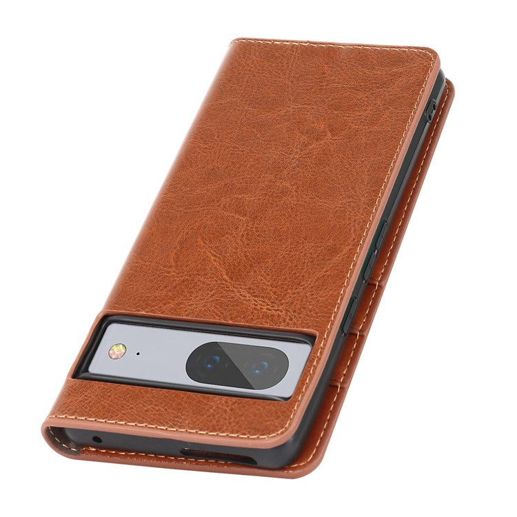 For Google Pixel 7 5G Cell Phone Case Crazy Horse Texture Wallet Stand Genuine Leather Flip Phone Cover - Light Brown