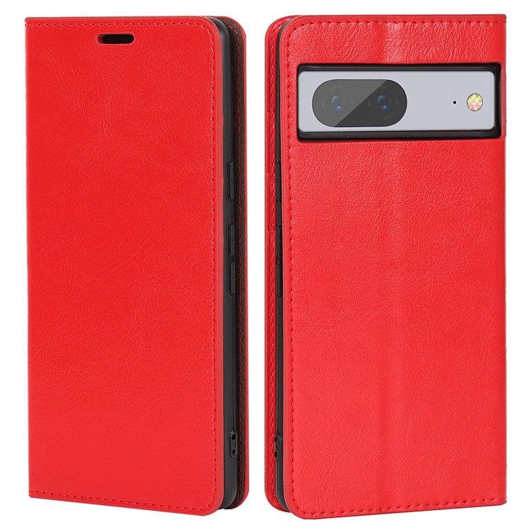 For Google Pixel 7 5G Cell Phone Case Crazy Horse Texture Wallet Stand Genuine Leather Flip Phone Cover - Red