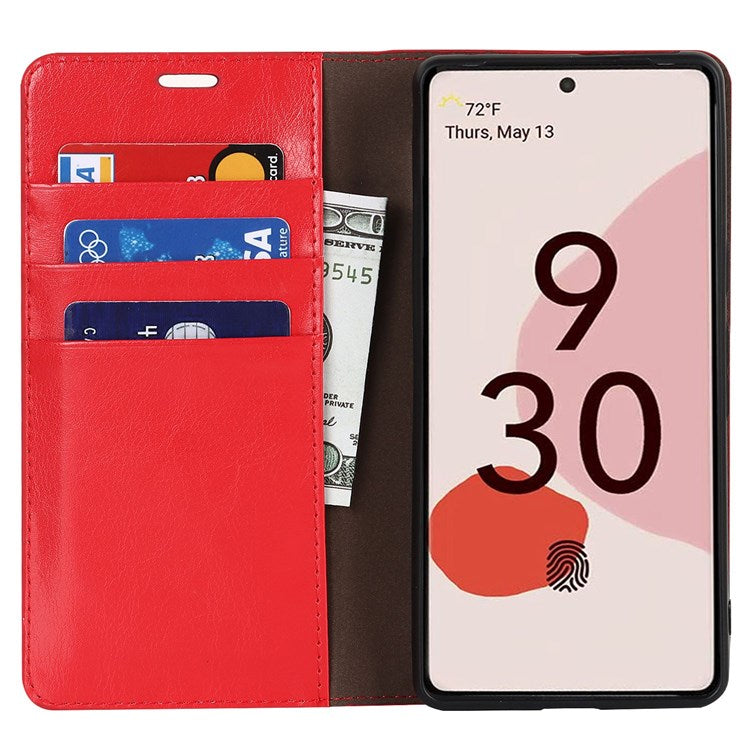 For Google Pixel 7 5G Cell Phone Case Crazy Horse Texture Wallet Stand Genuine Leather Flip Phone Cover - Red