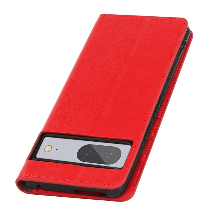 For Google Pixel 7 5G Cell Phone Case Crazy Horse Texture Wallet Stand Genuine Leather Flip Phone Cover - Red