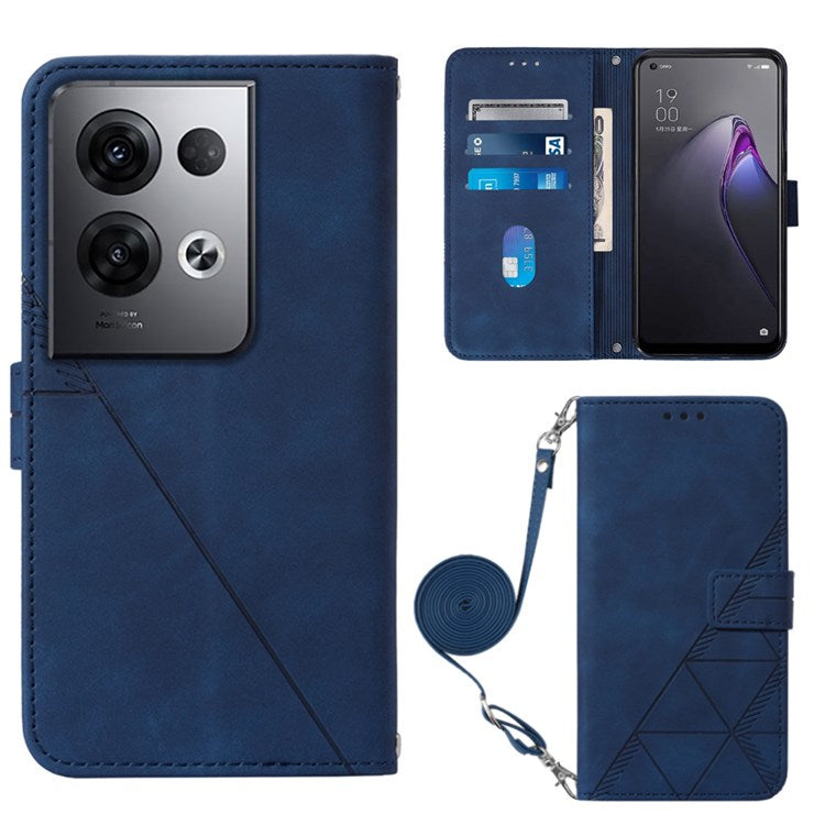 YB Imprinting Series-2 for Oppo Reno8 Pro+ (China) 5G / Reno8 Pro 5G (Global Version) Business Style Phone Case Imprinted Lines Phone Cover PU Leather Stand Protector with Shoulder Strap / Wallet - Sapphire