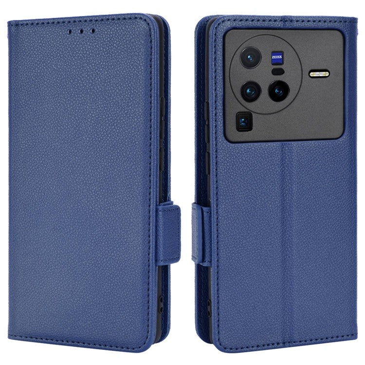 For  vivo X80 Pro 5G Protective Phone Case Litchi Texture Wallet Stand Function PU Leather Anti-wear Magnetic Cover - Dark Blue