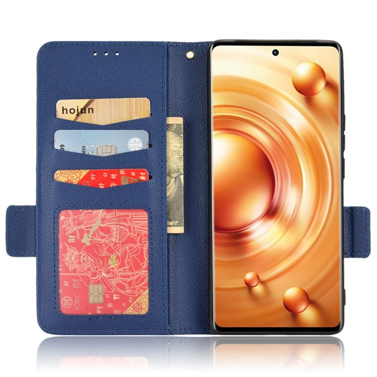 For  vivo X80 Pro 5G Protective Phone Case Litchi Texture Wallet Stand Function PU Leather Anti-wear Magnetic Cover - Dark Blue