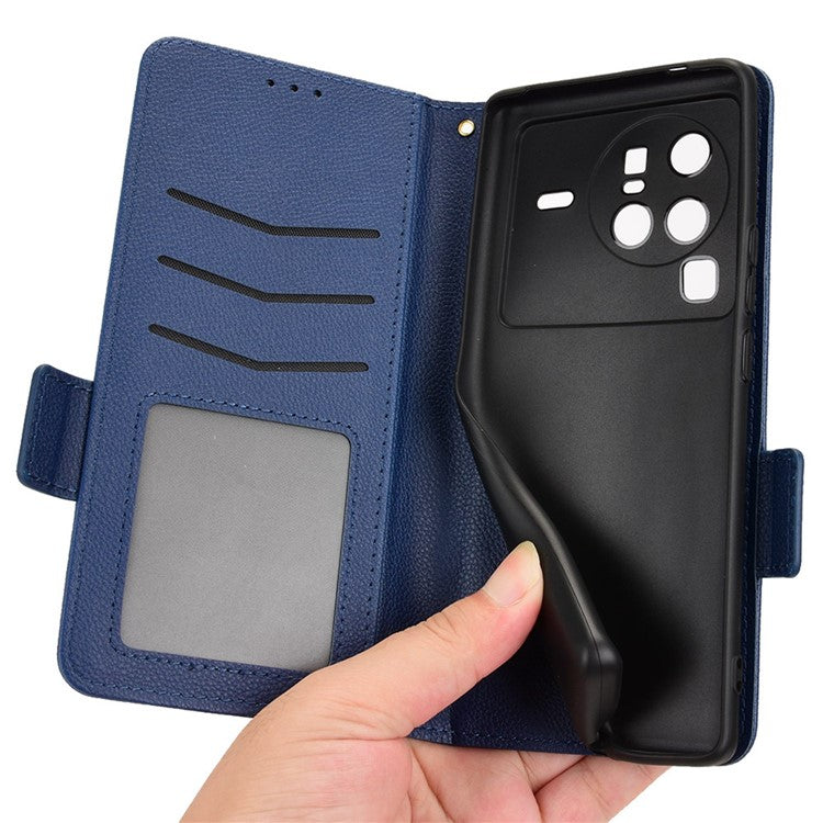 For  vivo X80 Pro 5G Protective Phone Case Litchi Texture Wallet Stand Function PU Leather Anti-wear Magnetic Cover - Dark Blue