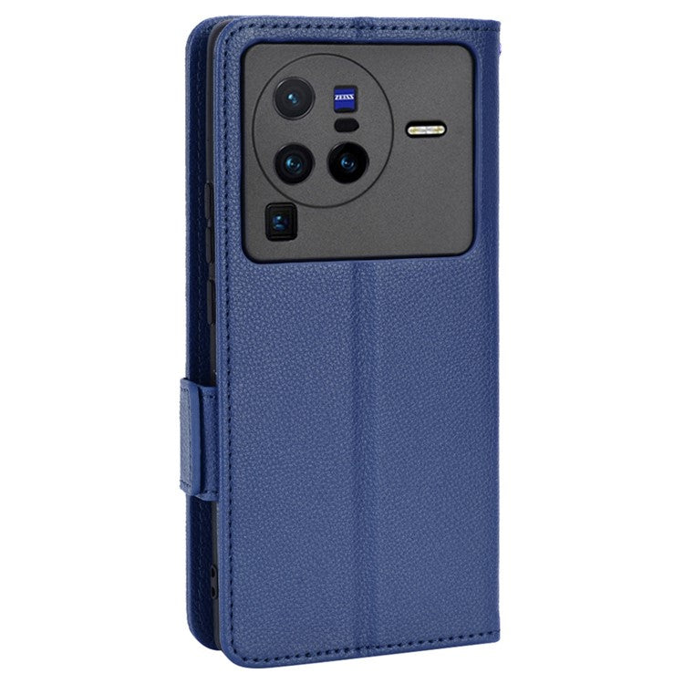 For  vivo X80 Pro 5G Protective Phone Case Litchi Texture Wallet Stand Function PU Leather Anti-wear Magnetic Cover - Dark Blue