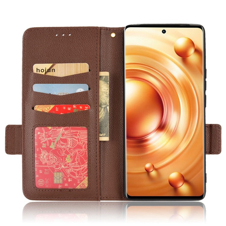 For  vivo X80 Pro 5G Protective Phone Case Litchi Texture Wallet Stand Function PU Leather Anti-wear Magnetic Cover - Brown