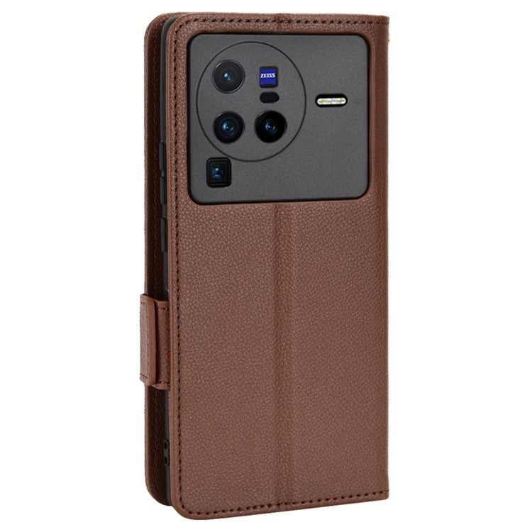 For  vivo X80 Pro 5G Protective Phone Case Litchi Texture Wallet Stand Function PU Leather Anti-wear Magnetic Cover - Brown