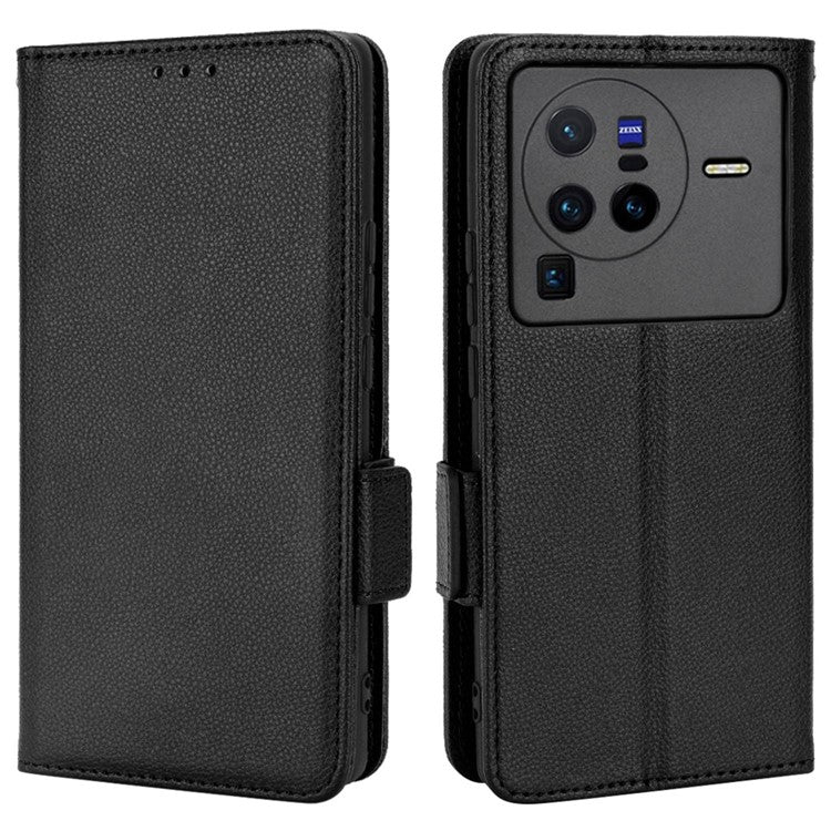 For  vivo X80 Pro 5G Protective Phone Case Litchi Texture Wallet Stand Function PU Leather Anti-wear Magnetic Cover - Black