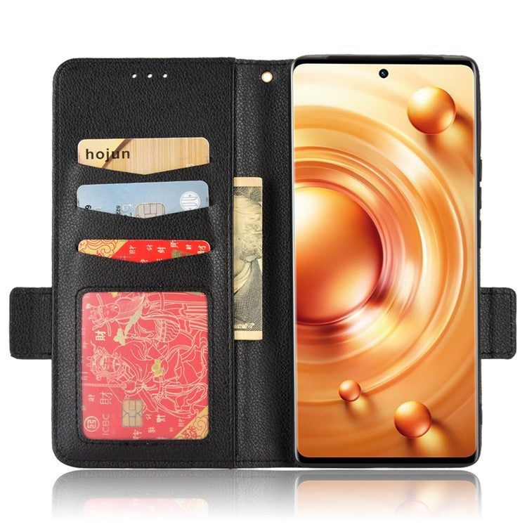 For  vivo X80 Pro 5G Protective Phone Case Litchi Texture Wallet Stand Function PU Leather Anti-wear Magnetic Cover - Black