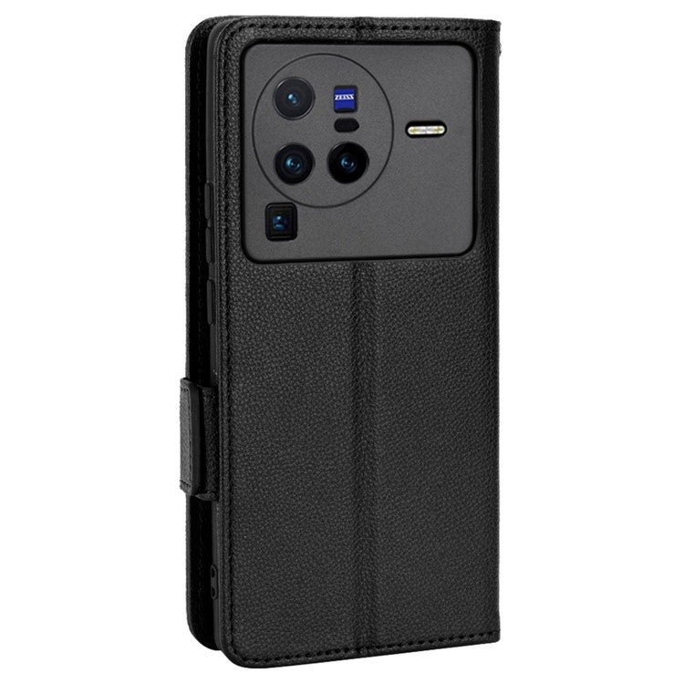 For  vivo X80 Pro 5G Protective Phone Case Litchi Texture Wallet Stand Function PU Leather Anti-wear Magnetic Cover - Black