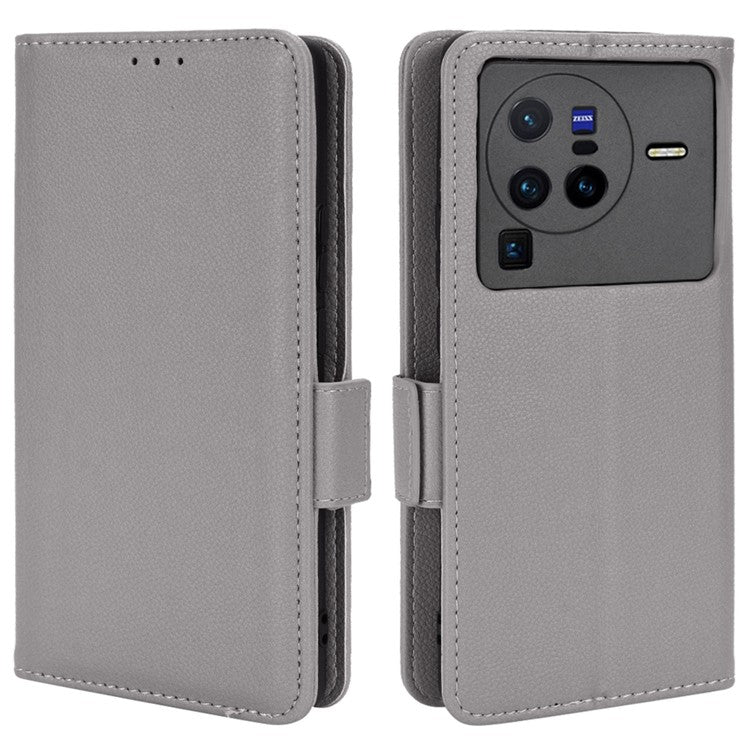 For  vivo X80 Pro 5G Protective Phone Case Litchi Texture Wallet Stand Function PU Leather Anti-wear Magnetic Cover - Grey