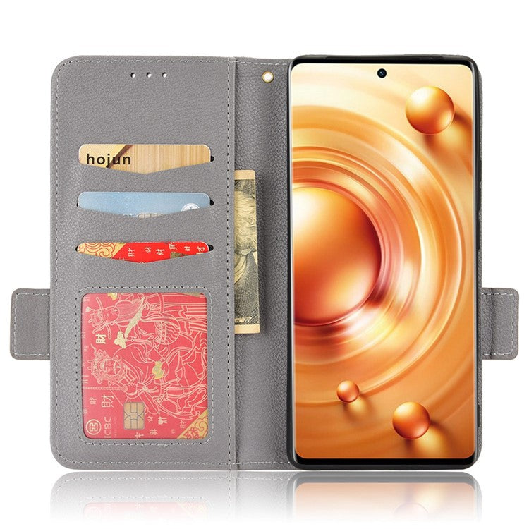 For  vivo X80 Pro 5G Protective Phone Case Litchi Texture Wallet Stand Function PU Leather Anti-wear Magnetic Cover - Grey