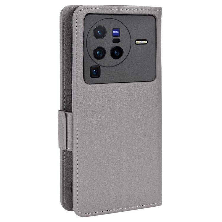 For  vivo X80 Pro 5G Protective Phone Case Litchi Texture Wallet Stand Function PU Leather Anti-wear Magnetic Cover - Grey