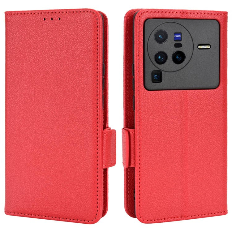 For  vivo X80 Pro 5G Protective Phone Case Litchi Texture Wallet Stand Function PU Leather Anti-wear Magnetic Cover - Red