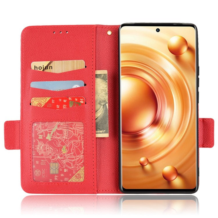 For  vivo X80 Pro 5G Protective Phone Case Litchi Texture Wallet Stand Function PU Leather Anti-wear Magnetic Cover - Red