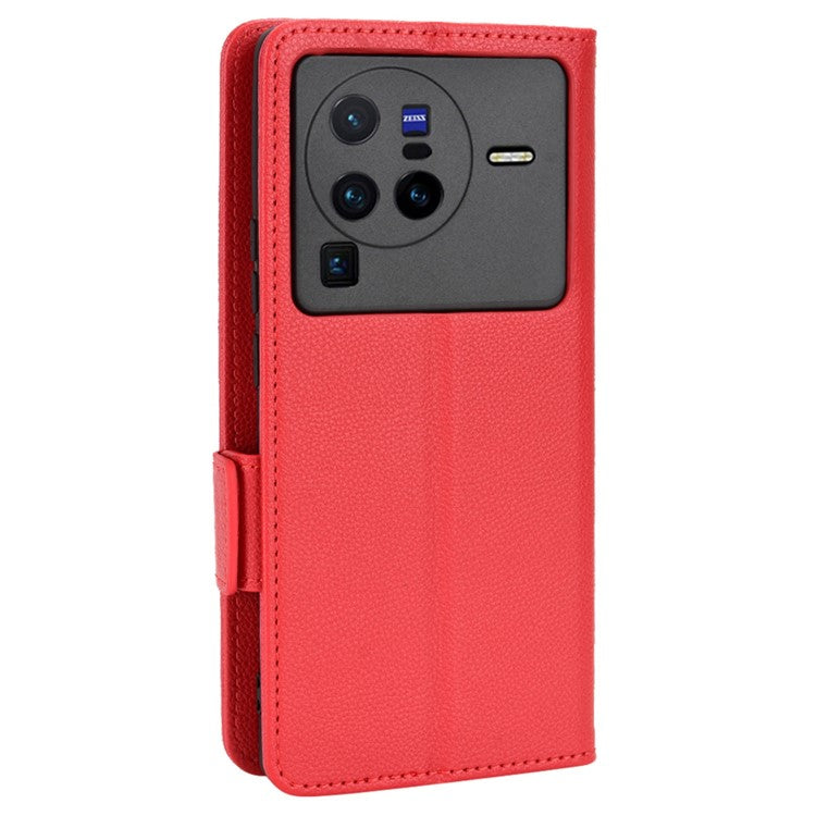 For  vivo X80 Pro 5G Protective Phone Case Litchi Texture Wallet Stand Function PU Leather Anti-wear Magnetic Cover - Red