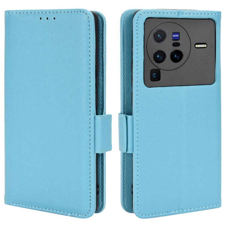 For  vivo X80 Pro 5G Protective Phone Case Litchi Texture Wallet Stand Function PU Leather Anti-wear Magnetic Cover - Baby Blue