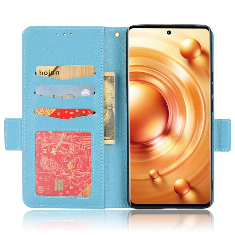 For  vivo X80 Pro 5G Protective Phone Case Litchi Texture Wallet Stand Function PU Leather Anti-wear Magnetic Cover - Baby Blue