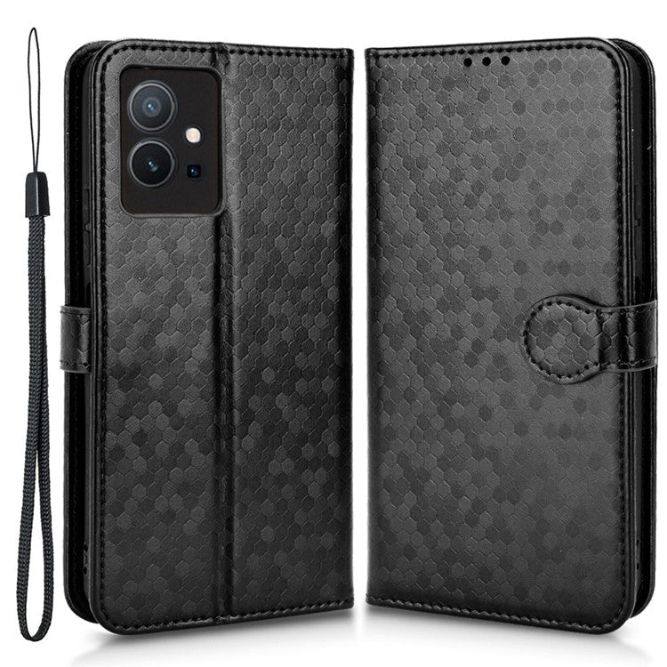 For vivo T1 5G / Y75 5G / Y55 5G Drop-proof Folio Flip Phone Case Dot Pattern Imprinted Phone Wallet Cover Stand PU Leather Full Protection Shell - Black