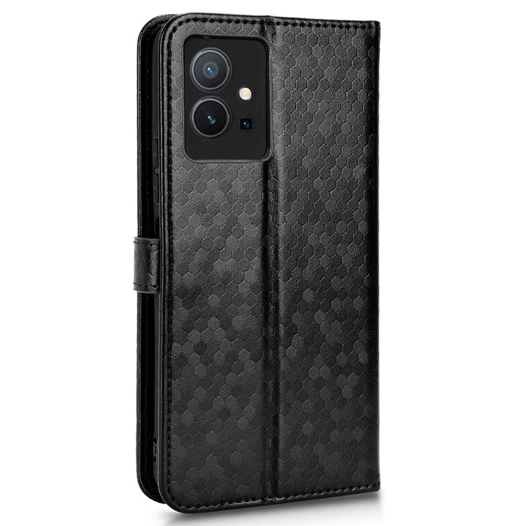 For vivo T1 5G / Y75 5G / Y55 5G Drop-proof Folio Flip Phone Case Dot Pattern Imprinted Phone Wallet Cover Stand PU Leather Full Protection Shell - Black