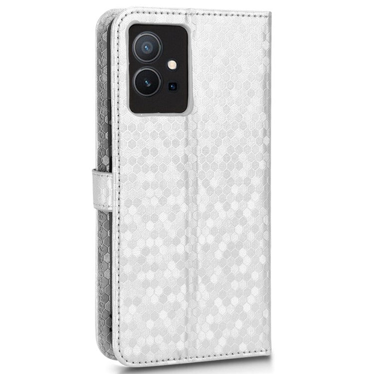 For vivo T1 5G / Y75 5G / Y55 5G Drop-proof Folio Flip Phone Case Dot Pattern Imprinted Phone Wallet Cover Stand PU Leather Full Protection Shell - Silver