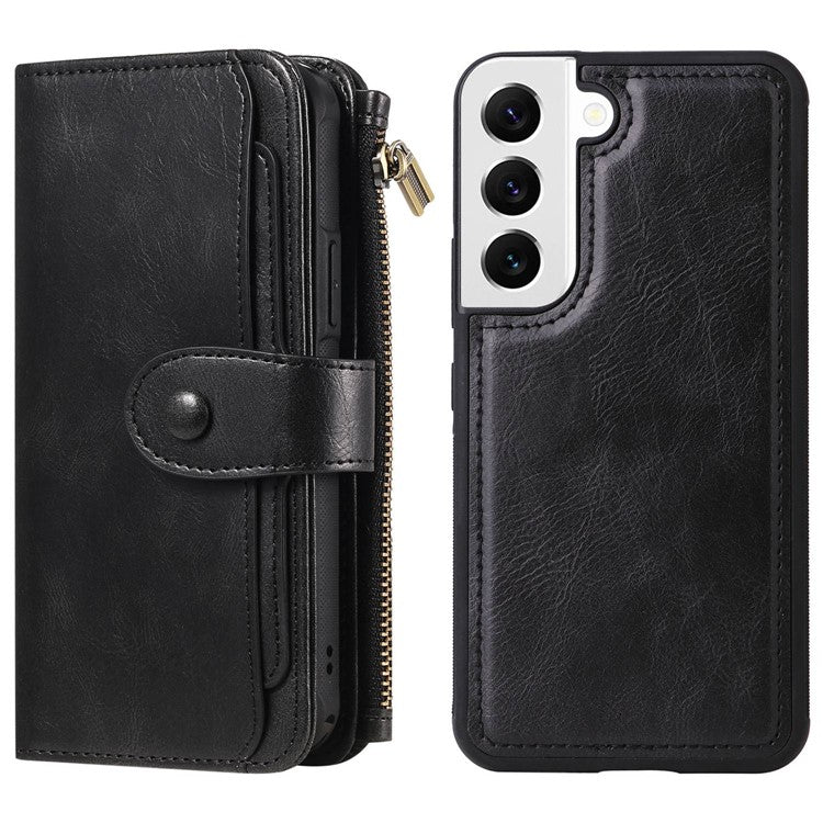 KT Multi-functional Series-3 Phone Case For Samsung Galaxy S22 5G, Shockproof Zipper Pocket Flip PU Leather Wallet Cover with Detachable Inner - Black