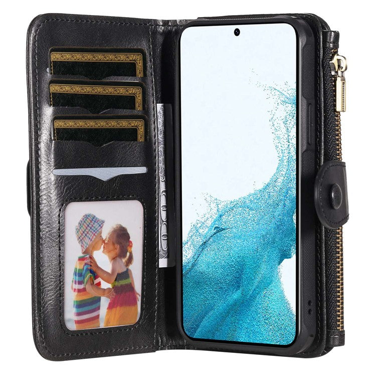 KT Multi-functional Series-3 Phone Case For Samsung Galaxy S22 5G, Shockproof Zipper Pocket Flip PU Leather Wallet Cover with Detachable Inner - Black