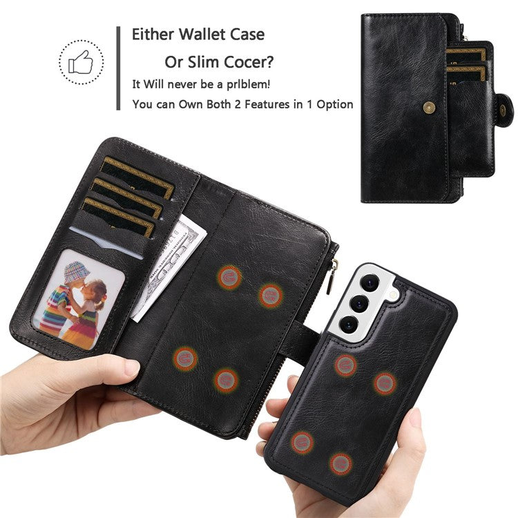 KT Multi-functional Series-3 Phone Case For Samsung Galaxy S22 5G, Shockproof Zipper Pocket Flip PU Leather Wallet Cover with Detachable Inner - Black