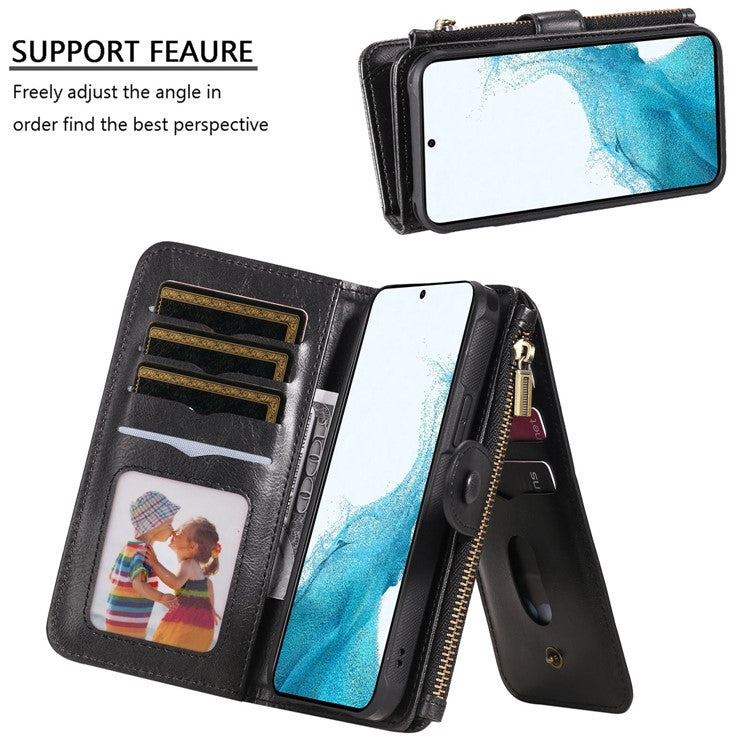 KT Multi-functional Series-3 Phone Case For Samsung Galaxy S22 5G, Shockproof Zipper Pocket Flip PU Leather Wallet Cover with Detachable Inner - Black