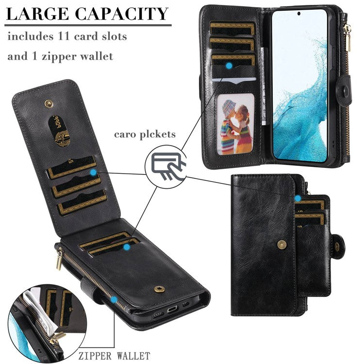 KT Multi-functional Series-3 Phone Case For Samsung Galaxy S22 5G, Shockproof Zipper Pocket Flip PU Leather Wallet Cover with Detachable Inner - Black